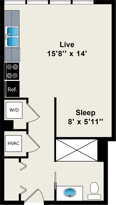 A floor plan of a small apartment with a sleeping area and a living area.